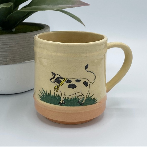 Vintage farmhouse cow coffee mug ivory pink green